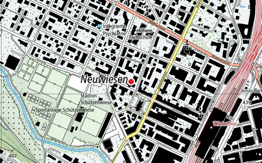 Karte mit dem Standort von Primarschulhaus Neuwiesen (Schule)