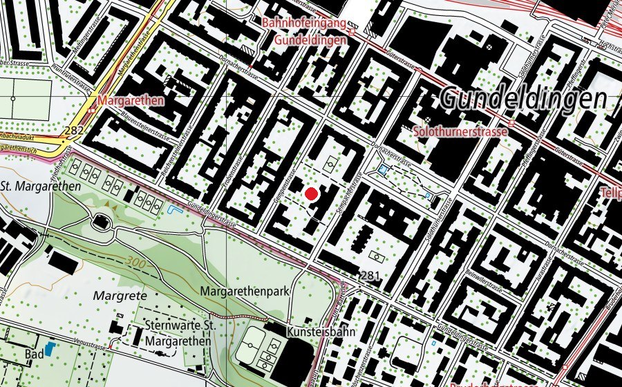 Karte mit dem Standort von Primarstufe Margarethen – Schulhaus Gundeldingen (Schule)