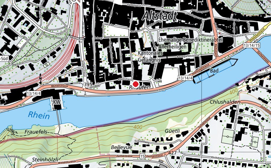 Carte indiquant l’emplacement de Rheinschulhaus (École)