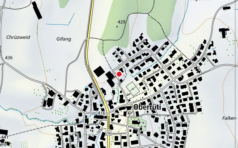 Mappa con la posizione di Schul- und Gemeindebibliothek Oberrüti (Scuola)