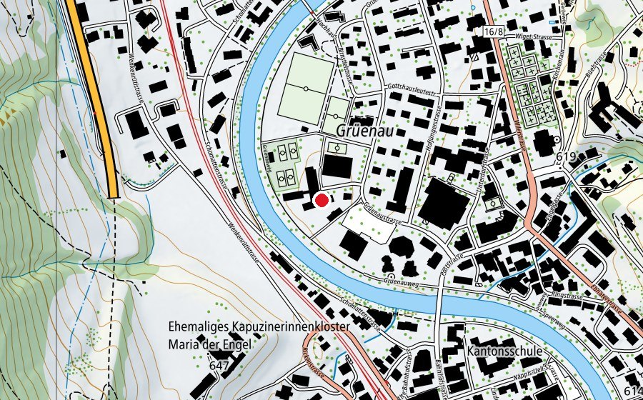 Map showing the location of Schulanlage Grüenau (School)