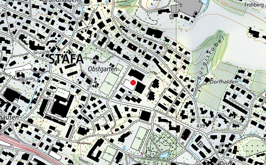 Map showing the location of Schulanlage Obstgarten (School)