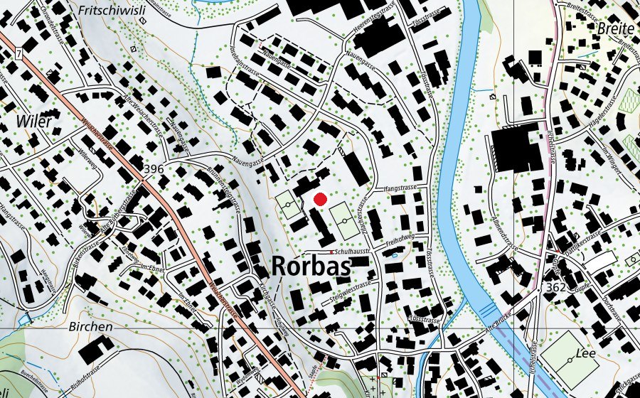 Map showing the location of Schulanlage Rorbas (School)