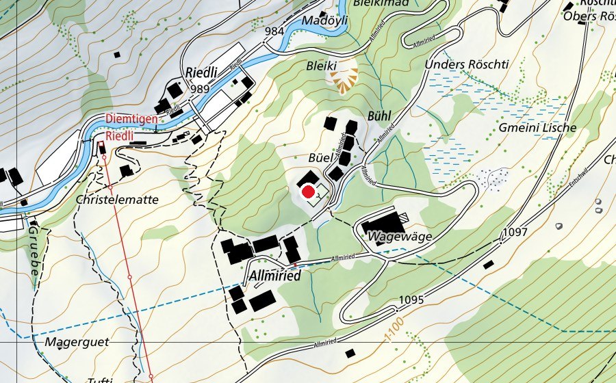 Map showing the location of Schulanlage Wiriehorn (School)