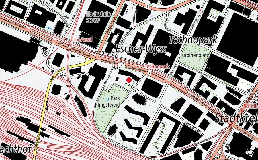 Map showing the location of Schule Pfingstweid (School)