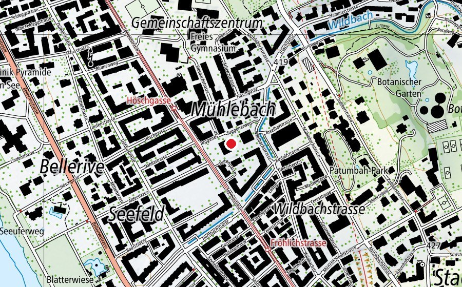Map showing the location of Schule Riesbach (Seefeld) (School)