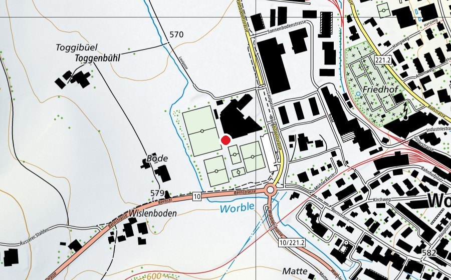 Karte mit dem Standort von Schule und Sport Worbboden (Schule)