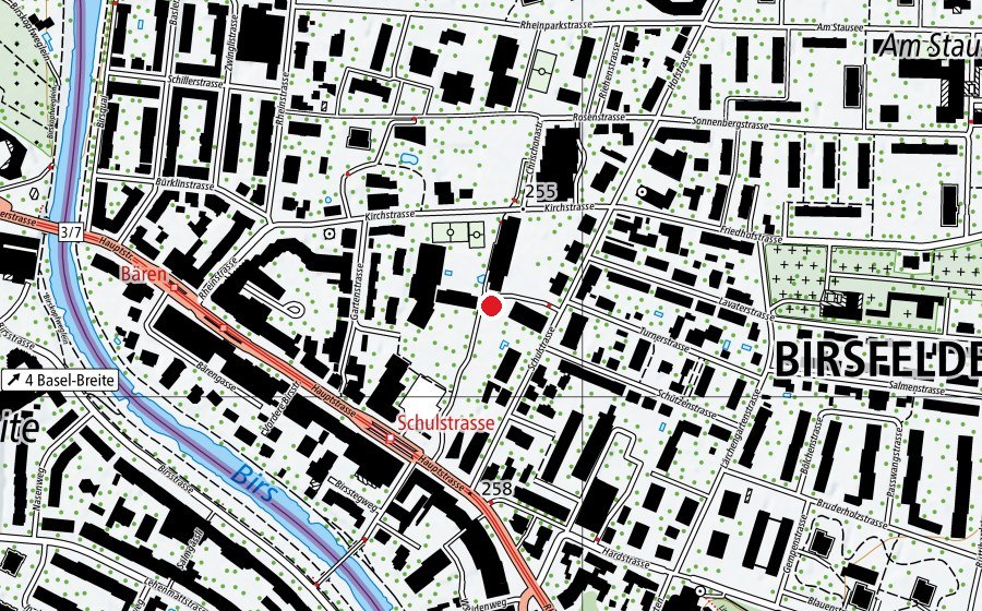 Karte mit dem Standort von Schulen Kirchmatt und Birspark (Schule)