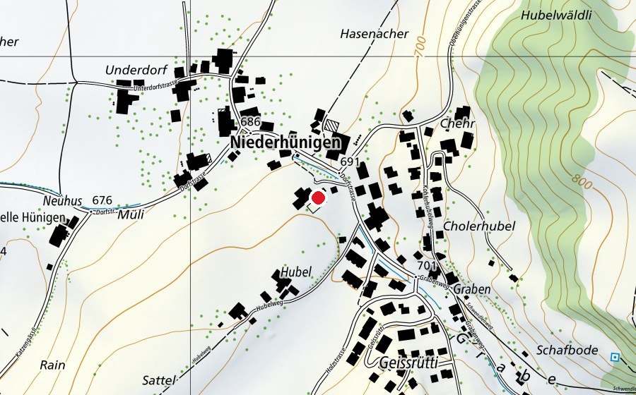 Carte indiquant l’emplacement de Schulgelände Niederhünigen (École)