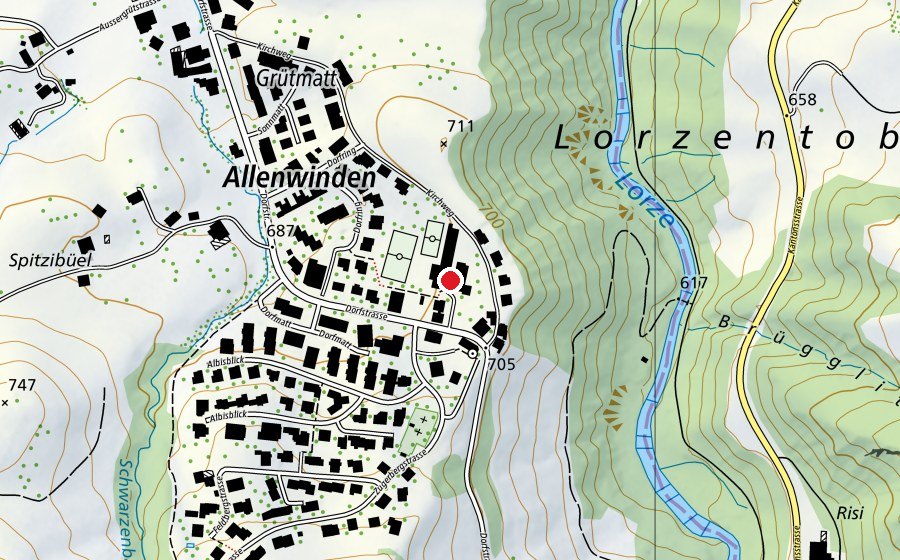 Carte indiquant l’emplacement de Schulhaus Allenwinden (École)