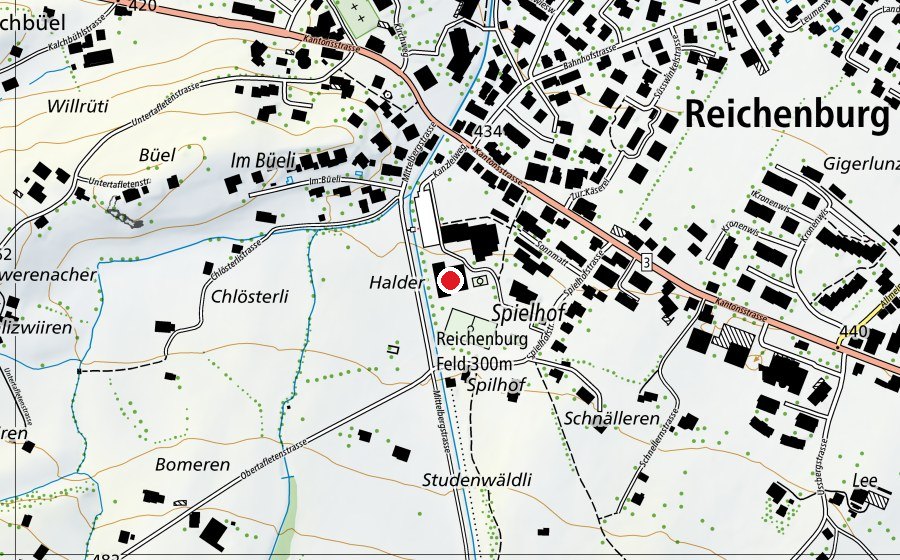 Carte indiquant l’emplacement de Schulhaus am Bach (École)