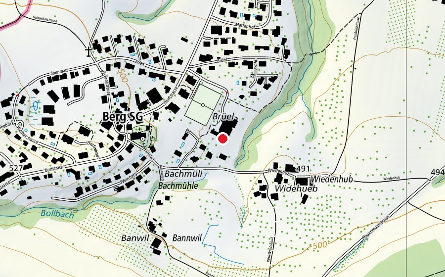 Carte indiquant l’emplacement de Schulhaus Brühl (École)