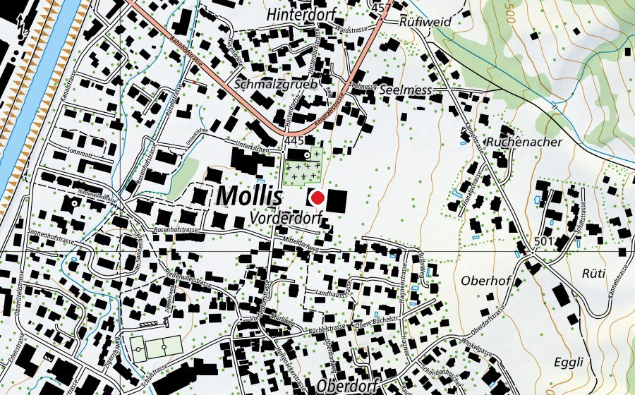 Carte indiquant l’emplacement de Schulhaus Dorf (École)