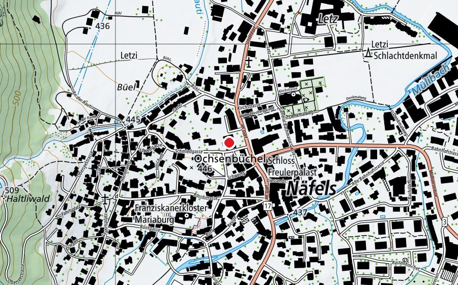 Carte indiquant l’emplacement de Schulhaus Dorf (École)