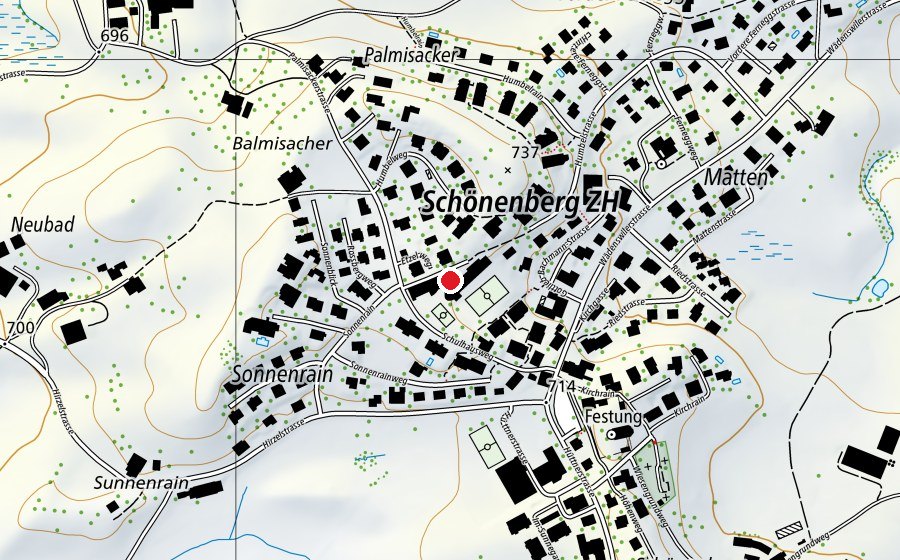 Mappa con la posizione di Schulhaus Dorf und Kindergarten gelb+rot (Scuola)