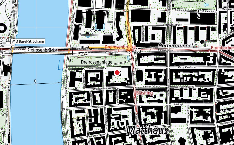 Map showing the location of Schulhaus Dreirosen (School)