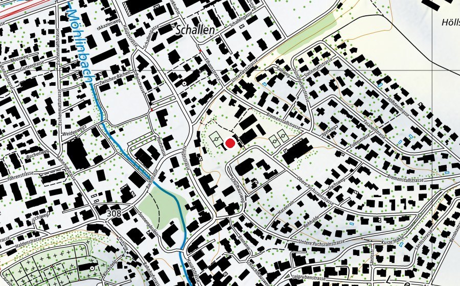 Map showing the location of Schulhaus Fuchsrain (School)