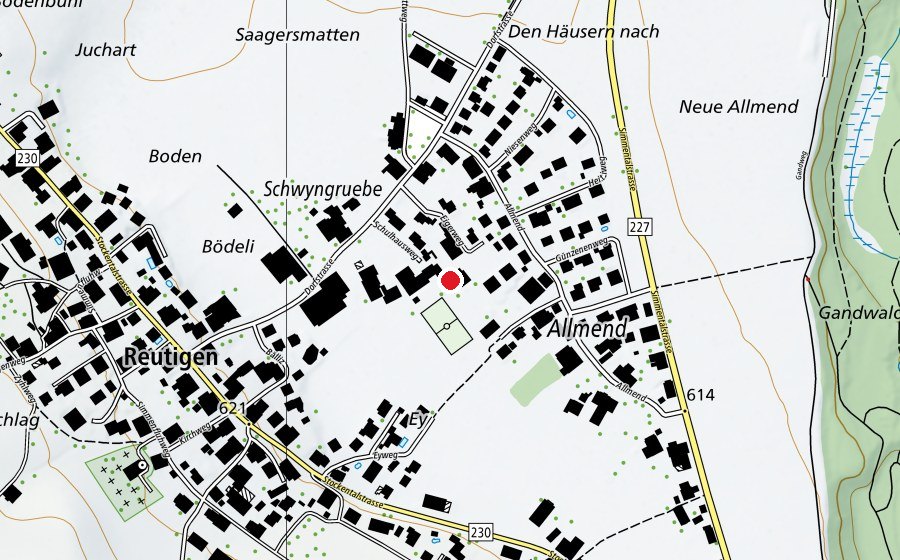 Carte indiquant l’emplacement de Schulhaus Reutigen (École)