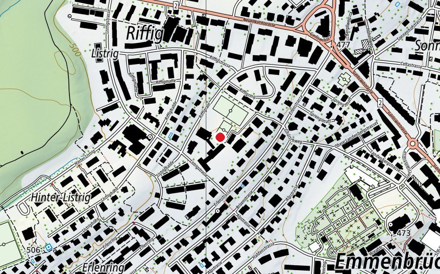 Carte indiquant l’emplacement de Schulhaus Riffig (École)