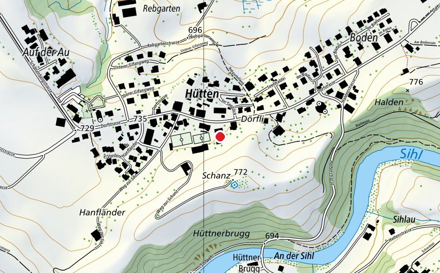 Karte mit dem Standort von Schulhaus und Kiga Hütten (Schule)