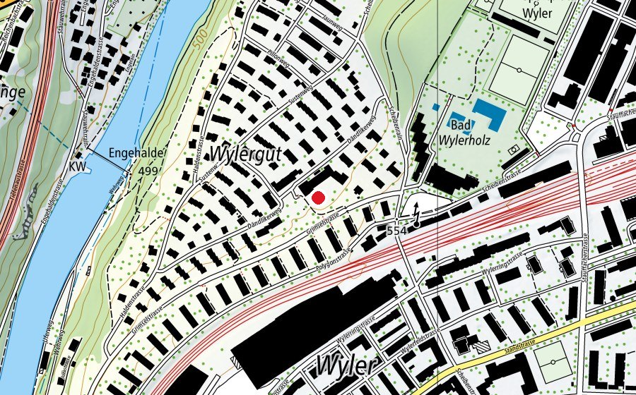 Carte indiquant l’emplacement de Schulstandort Wylergut (École)