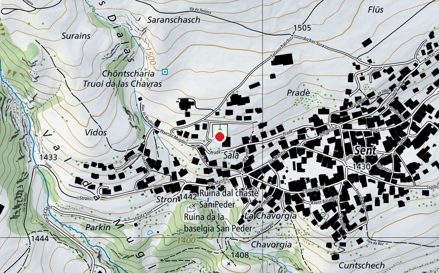 Carte indiquant l’emplacement de Scoula Sent (École)