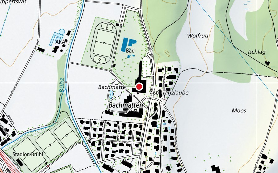 Mappa con la posizione di Turnhalle Bachmattenschulhaus (Scuola)