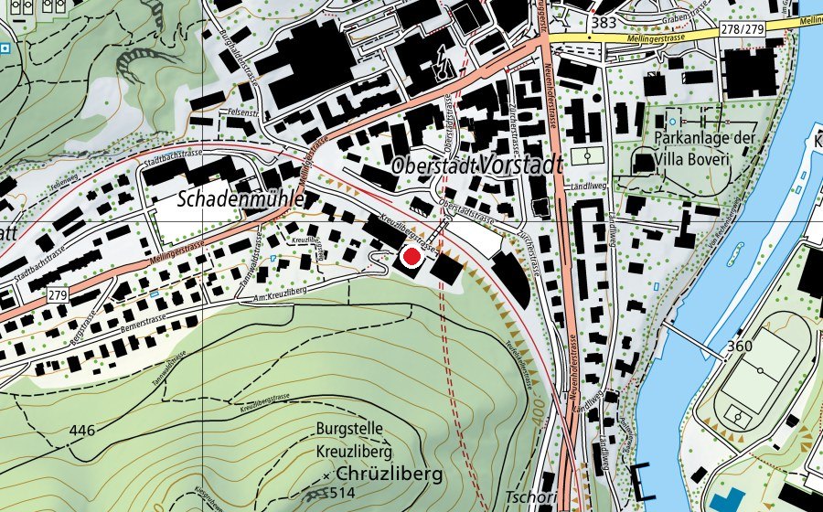 Carte indiquant l’emplacement de zB. Zentrum Bildung – Wirtschaftsschule KV Baden (École)