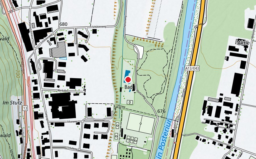 Carte indiquant l’emplacement de Badi Thusis (Piscine)