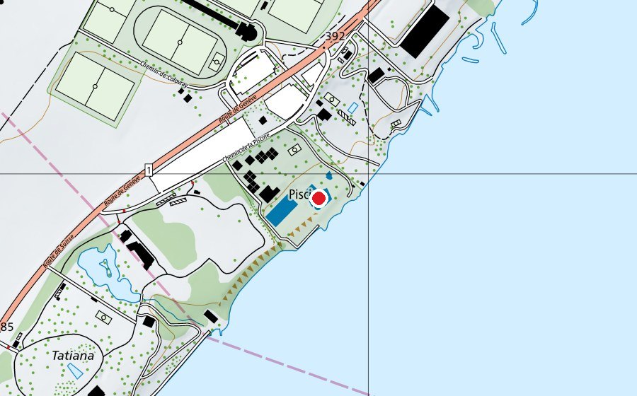 Map showing the location of Bassin de jeu (Swimming pool)