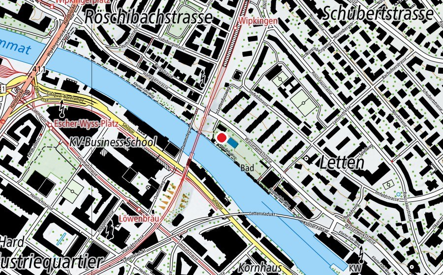 Mappa con la posizione di Flussbad Unterer Letten - Planschbecken (Piscina)