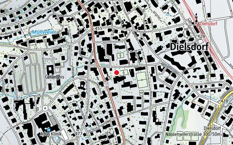 Map showing the location of Hallenbad Früebli (Swimming pool)