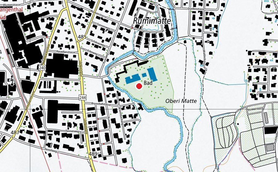 Map showing the location of Kinder Plantschbecken (Swimming pool)