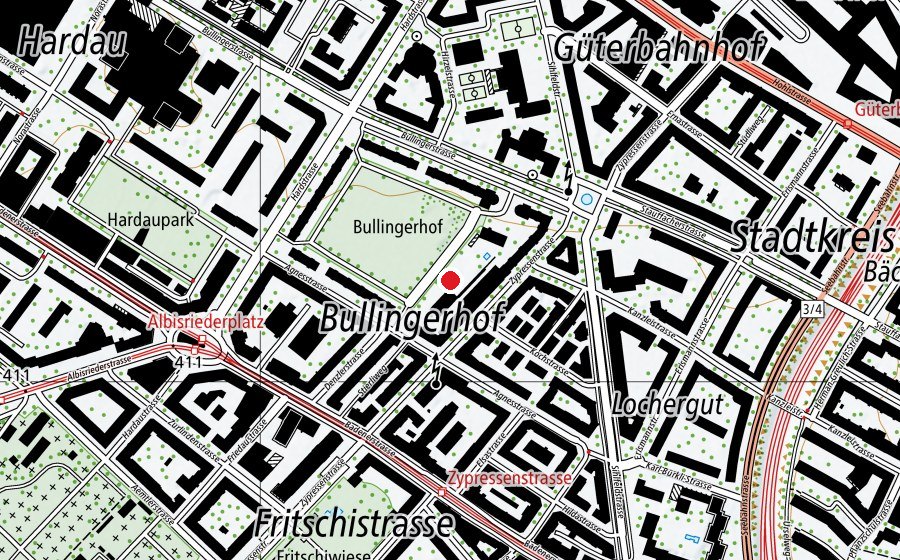 Map showing the location of Planschbecken Bullingerhof (Swimming pool)