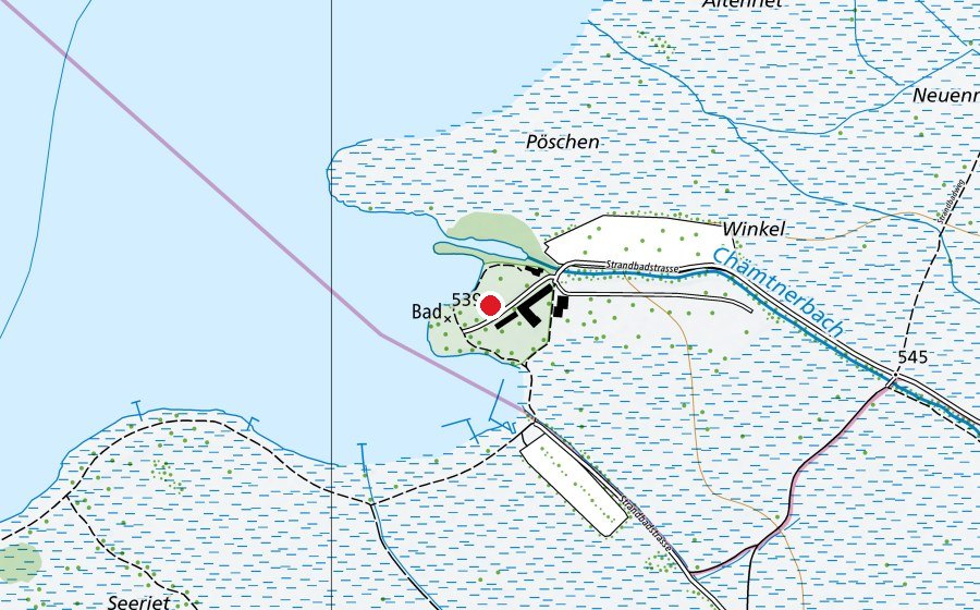 Map showing the location of Strandbad Auslikon (Swimming pool)