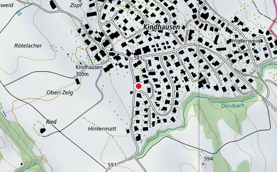 Carte indiquant l’emplacement de alter Kindergarten Kindhausen (Place de jeux)