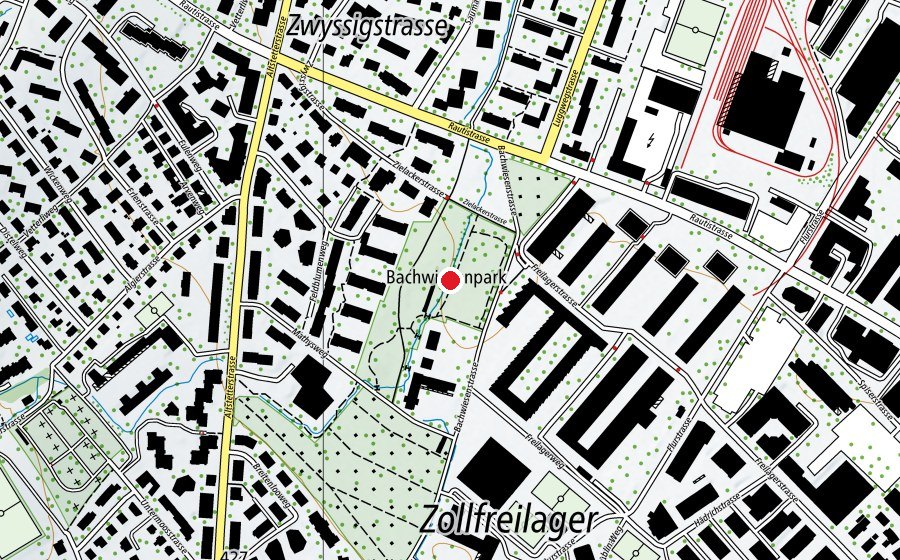 Carte indiquant l’emplacement de Bachwiesenpark Spielplatz (Place de jeux)