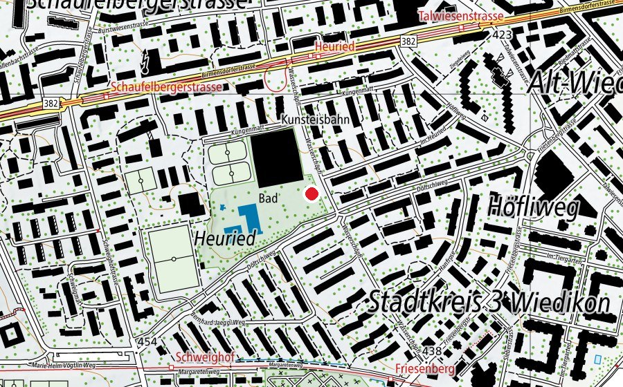 Karte mit dem Standort von Heuried (Freibad) (Spielplatz)