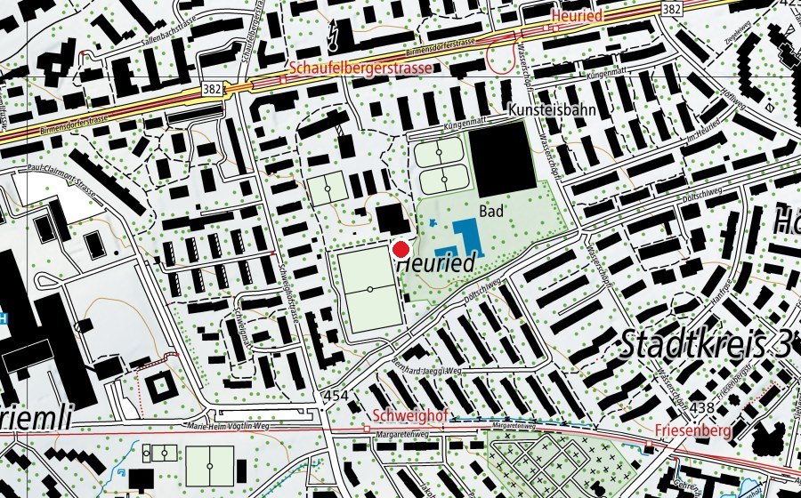 Carte indiquant l’emplacement de Heuried Freizeitanlage (Place de jeux)