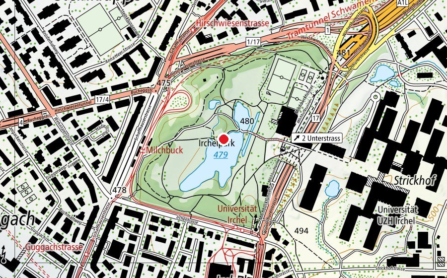 Carte indiquant l’emplacement de Irchelpark (Place de jeux)