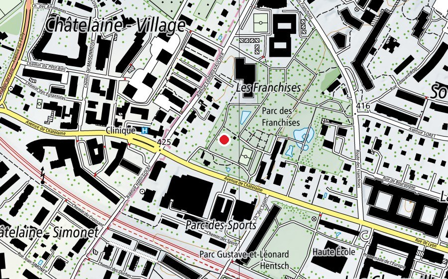 Karte mit dem Standort von Place de jeux du Parc des Franchises (Spielplatz)
