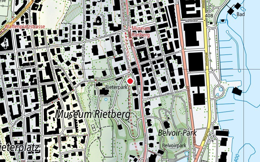 Carte indiquant l’emplacement de Rieterpark/Gablerstrasse (Place de jeux)
