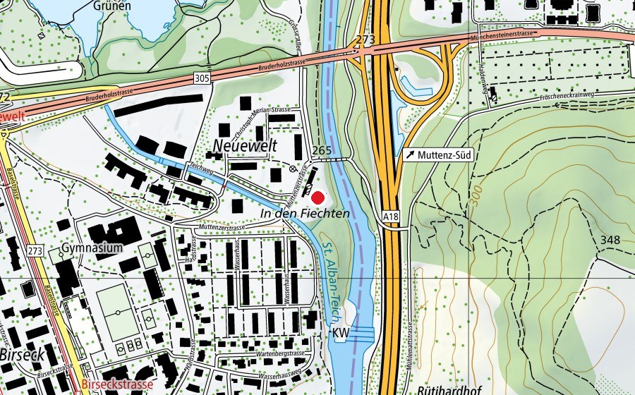 Map showing the location of Robinsonspielplatz Münchenstein (Playground)