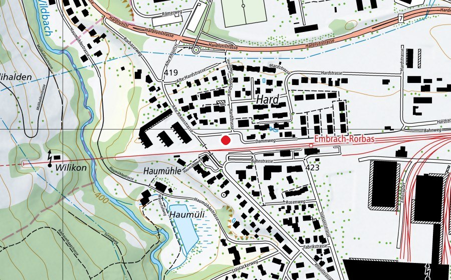 Carte indiquant l’emplacement de Spielplatz Hard (Place de jeux)