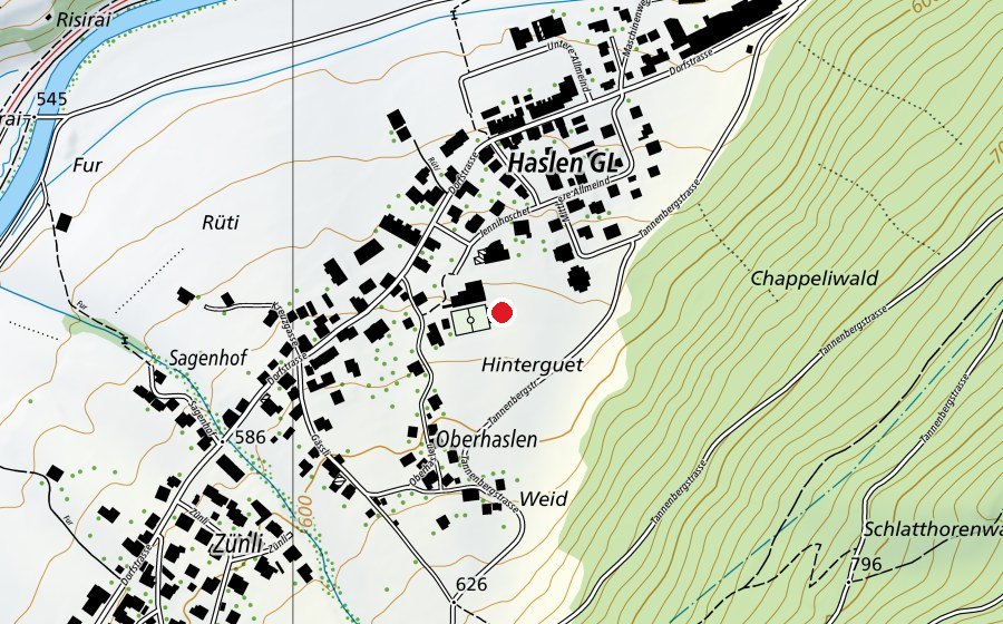 Carte indiquant l’emplacement de Spielplatz Haslen, bei der Turnhalle (Place de jeux)