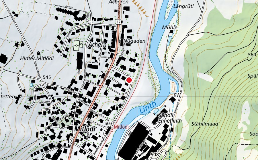 Carte indiquant l’emplacement de Spielplatz Mitlödi, Quartier Fuhr (Place de jeux)
