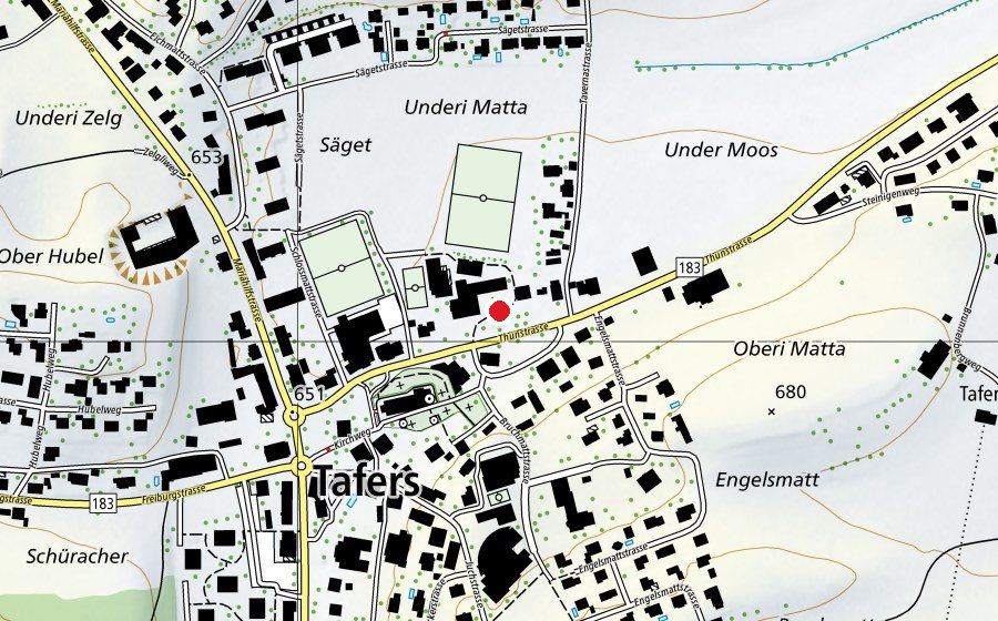 Carte indiquant l’emplacement de Spielplatz Schule Tafers (Place de jeux)