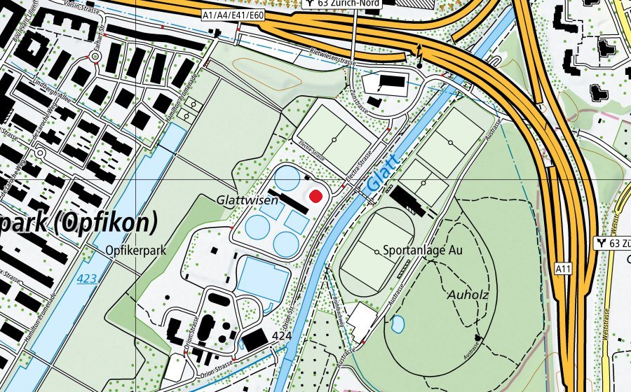 Map showing the location of Spielraum ara Glatt (Playground)