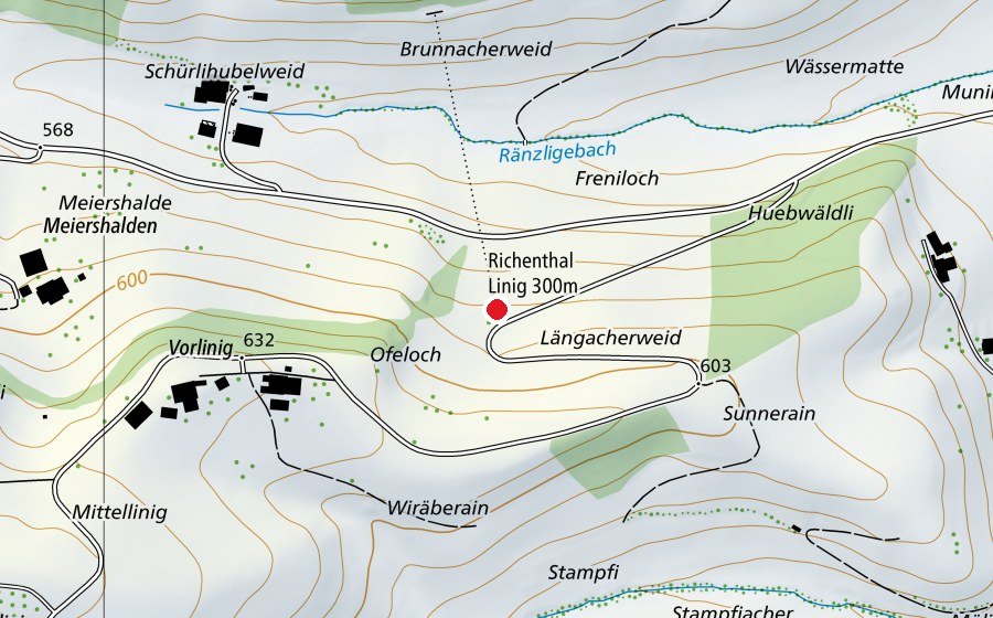 Karte mit dem Standort von 300m Schützenhaus Richenthal (Sportanlage)