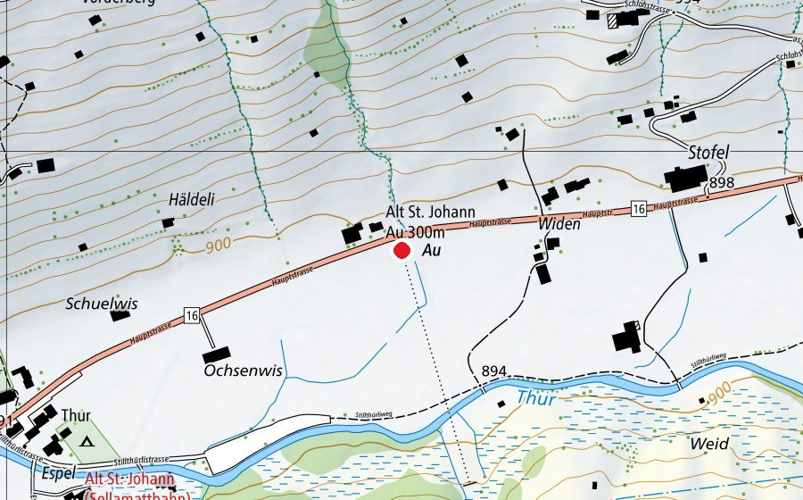 Karte mit dem Standort von Alt St. Johann Au 300 m (Sportanlage)